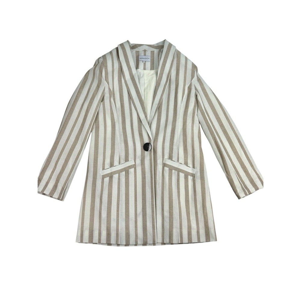 Chriselle x J.O.A. Striped Summer Boyfriend Blazer Tan White Longline Size S - Picture 3 of 10